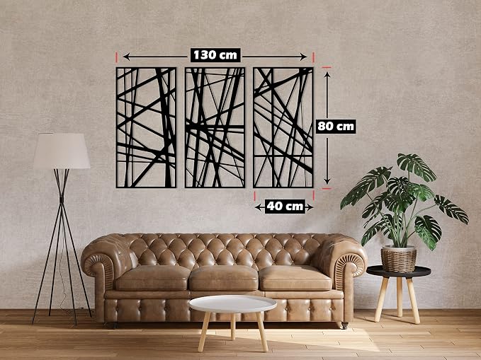 decorative wall art in an abstract linear pattern, made of wood, consisting of 3 panels measuring 80 cm x 1.30 m