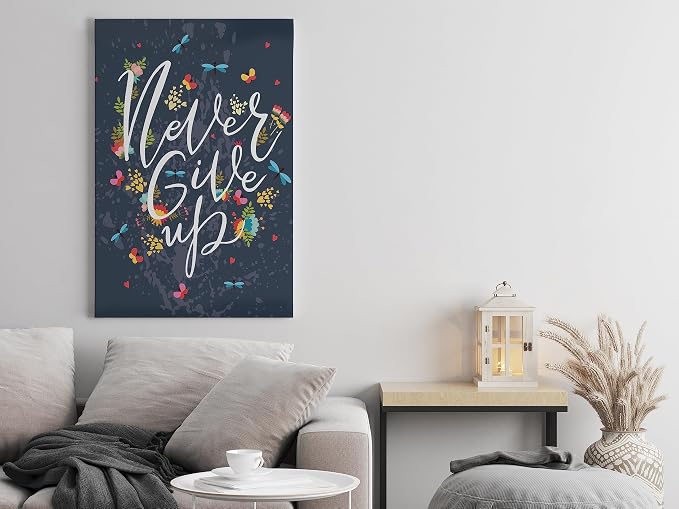 Canvas wall art with the phrase "Never Give up" printed on a motivational postcard. 60x40cm, blue.