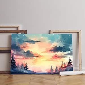 Canvas wall art with a sunset print and trees in the foreground,60x40cm, blue