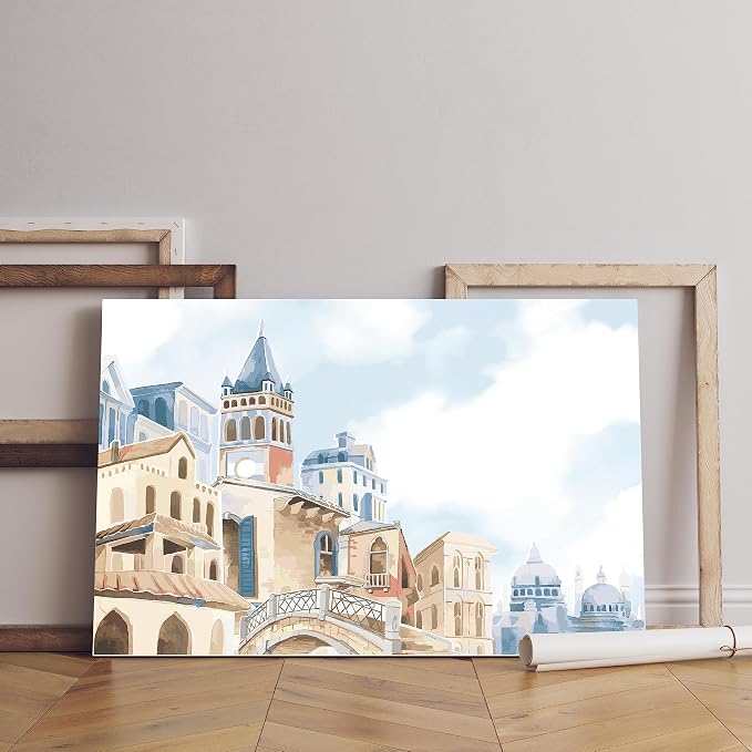 wall art, on canvas, printed with a Mediterranean city scene, 60x40 cm, blue