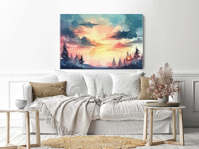 Canvas wall art with a sunset print and trees in the foreground,60x40cm, blue