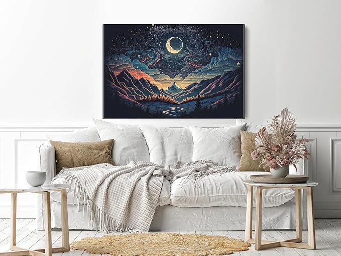 Canvas wall art featuring a night sky, stars, moon, and asteroids, 60 x 40 cm, black.