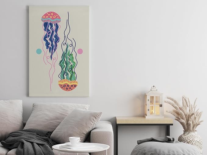 Underwater jellyfish print canvas wall art, 60 x 40 cm, beige