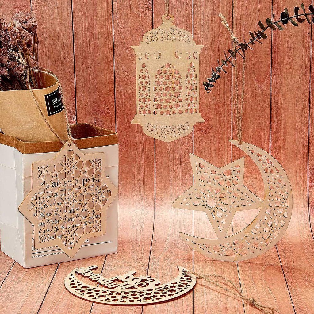 PopManko Ramadan Decorations - Wooden Pendant Eid Mubarak Hanging Moon Star Wind Light Castle Shape Ornament