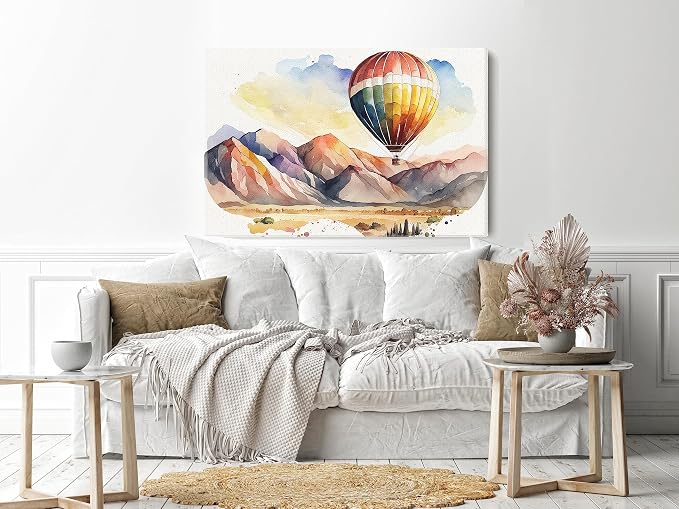 canvas wall art featuring a scenic landscape and hot air balloon print, 40 x 60 cm, beige