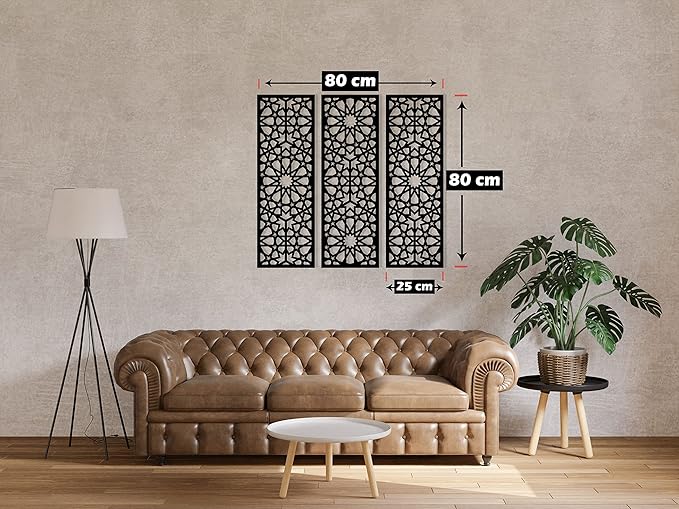 wooden wall art in an arabesque pattern, 3 panels measuring 80x80 cm