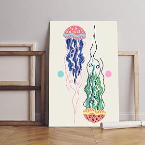 Underwater jellyfish print canvas wall art, 60 x 40 cm, beige