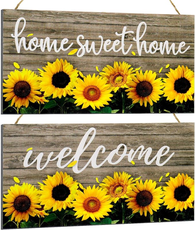 Jetec 2 Pieces Sunflowers Front Porch Door Plaque Sunflower Welcome Wooden Sign Sweet Home Hanging Wood Decoration for Living Room Decor, 11 x 15.24 cm