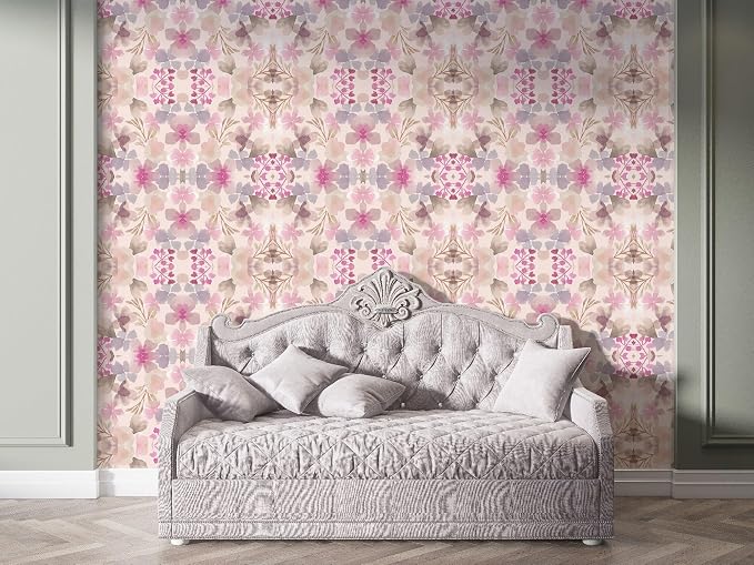 Grunge peony floral fabric wallpaper with vintage geometric patterns, covering an area - up to 4.2m x 3m, with adhesive and smoothing tool.