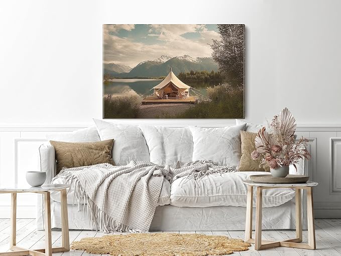 canvas wall art featuring a print of a luxurious camping spot and a beautiful lake, 60 x 40 cm, green