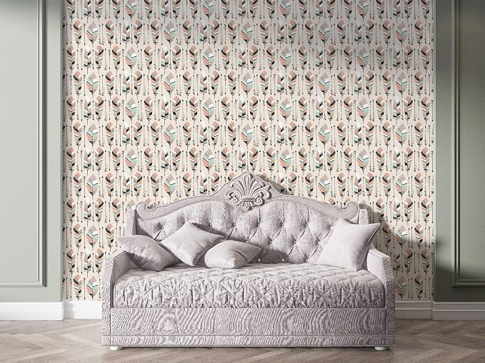 Seamless Boho-style fabric wallpaper with arrows and feathers, covering up to 4.2m x 3m, with adhesive and smoothing tool