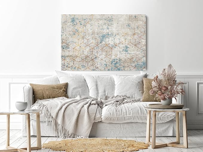 wall art canvas print with abstract line art pattern, classic rug, 60x40cm, beige