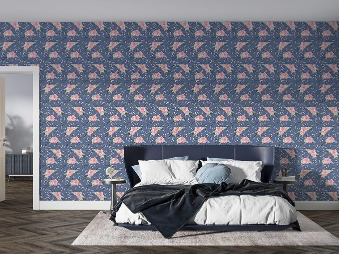 Seamless fabric wallpaper with a pink and yellow floral pattern, covering an area up to 4.2m x 3m, with an adhesive and smoothing tool