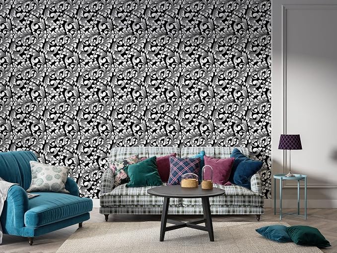 seamless black leaf pattern fabric wallpaper for floor coverings up to 4.2m x 3m, with adhesive and smoothing tool.
