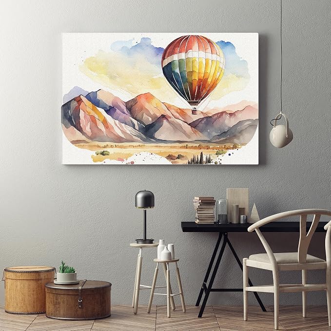 canvas wall art featuring a scenic landscape and hot air balloon print, 40 x 60 cm, beige