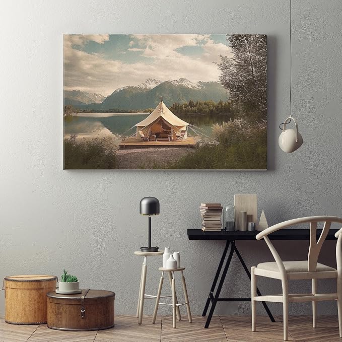 canvas wall art featuring a print of a luxurious camping spot and a beautiful lake, 60 x 40 cm, green