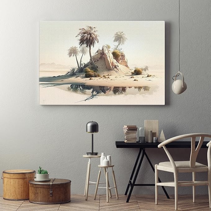 Canvas wall art print of a desert scene with palm trees and a remote island, measuring 60 x 40 cm, beige
