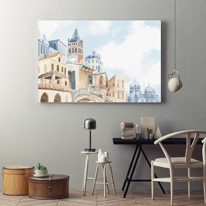 wall art, on canvas, printed with a Mediterranean city scene, 60x40 cm, blue