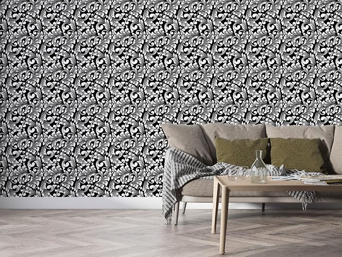 seamless black leaf pattern fabric wallpaper for floor coverings up to 4.2m x 3m, with adhesive and smoothing tool.