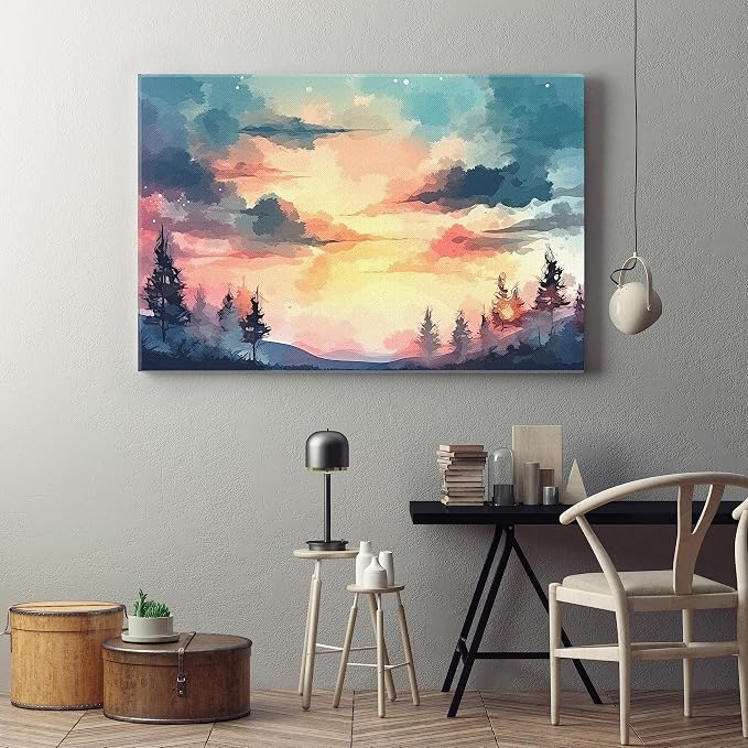Canvas wall art with a sunset print and trees in the foreground,60x40cm, blue
